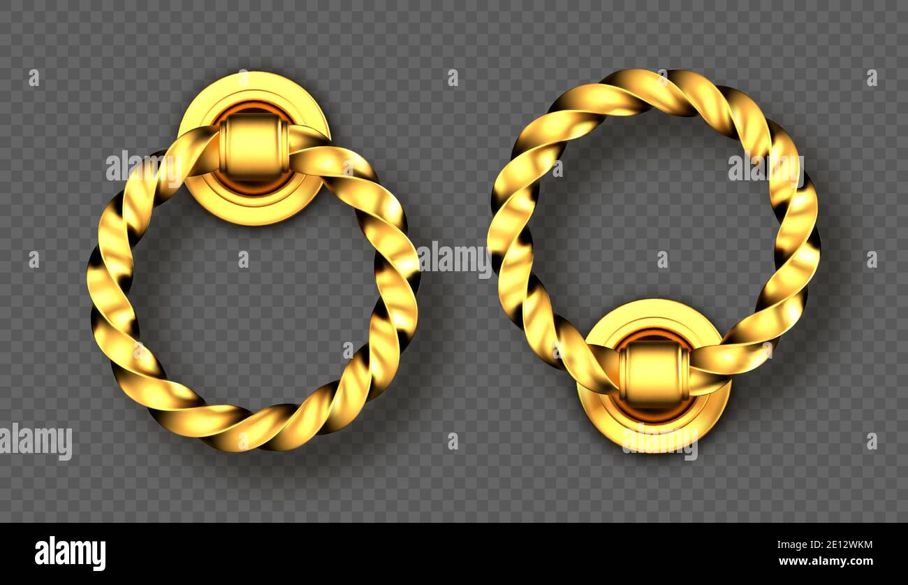 Realistische Gold Türklopfer, verdrehte Griffe, goldene Ring-Knöpfe, glänzend vintage Metall Türknauf, Element für Innen-oder Außenbereich Design isoliert auf transparentem Hintergrund, 3d-Vektor-Symbole, Clipart Stock Vektor