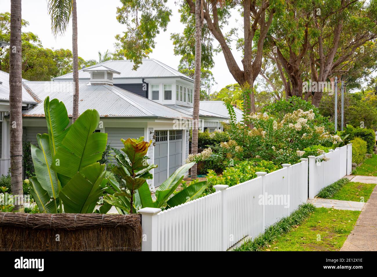 Haus im australischen hamptons Stil mit üppigem Grün und Weiß Garden, Avalon Beach, Sydney, Australien Stockfoto