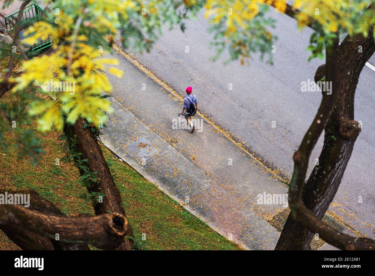 Luftaufnahme eines Mannes in roter Mütze, der einen Regenschirm hält und auf dem Bürgersteig mit dem Gefühl herbstlicher Blätter auf dem Boden läuft. Singapur Stockfoto