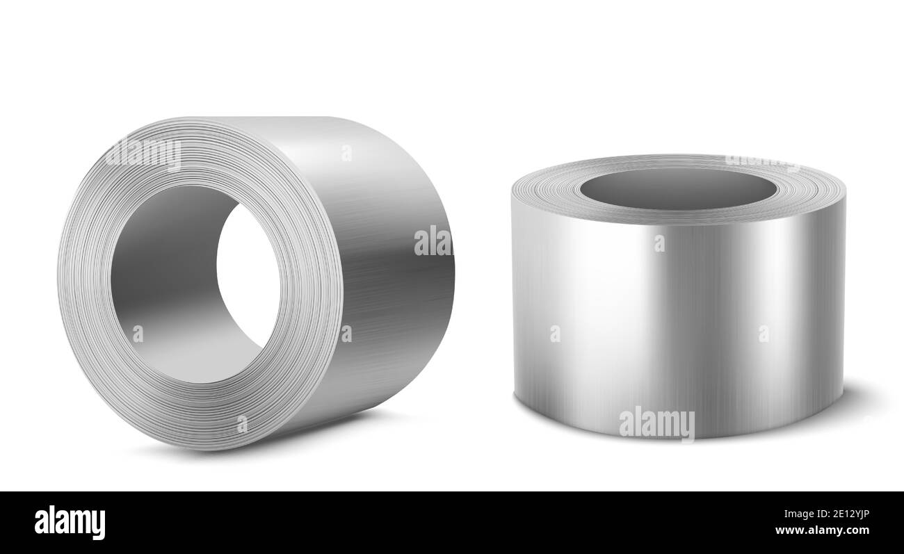 Stahlwalzen, schwere metallurgische Industrie, industrielle Fertigung Geschäft Produktion glänzendes Metall Edelstahl Eisen oder Aluminium-Zylinder isoliert auf weißem Hintergrund, realistische 3d-Vektor-Illustration Stock Vektor
