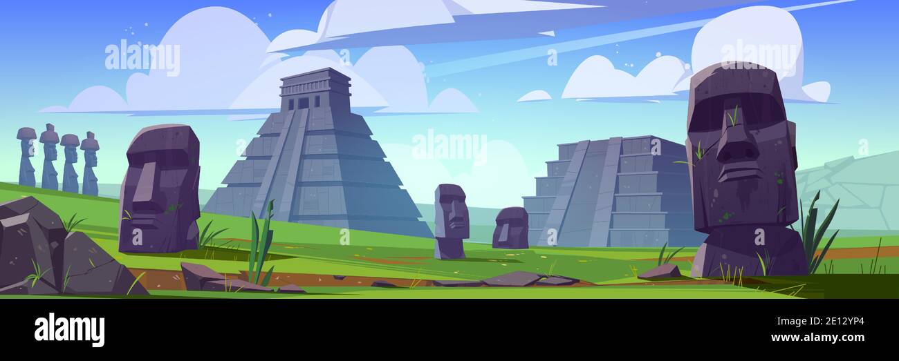 Alte maya-Pyramiden und Moai-Statuen auf der Osterinsel. Vektor-Cartoon-Landschaft mit südamerikanischen Wahrzeichen, Chichen Itza und Kukulkan Tempel, Steinskulptur auf grünem Gras Stock Vektor