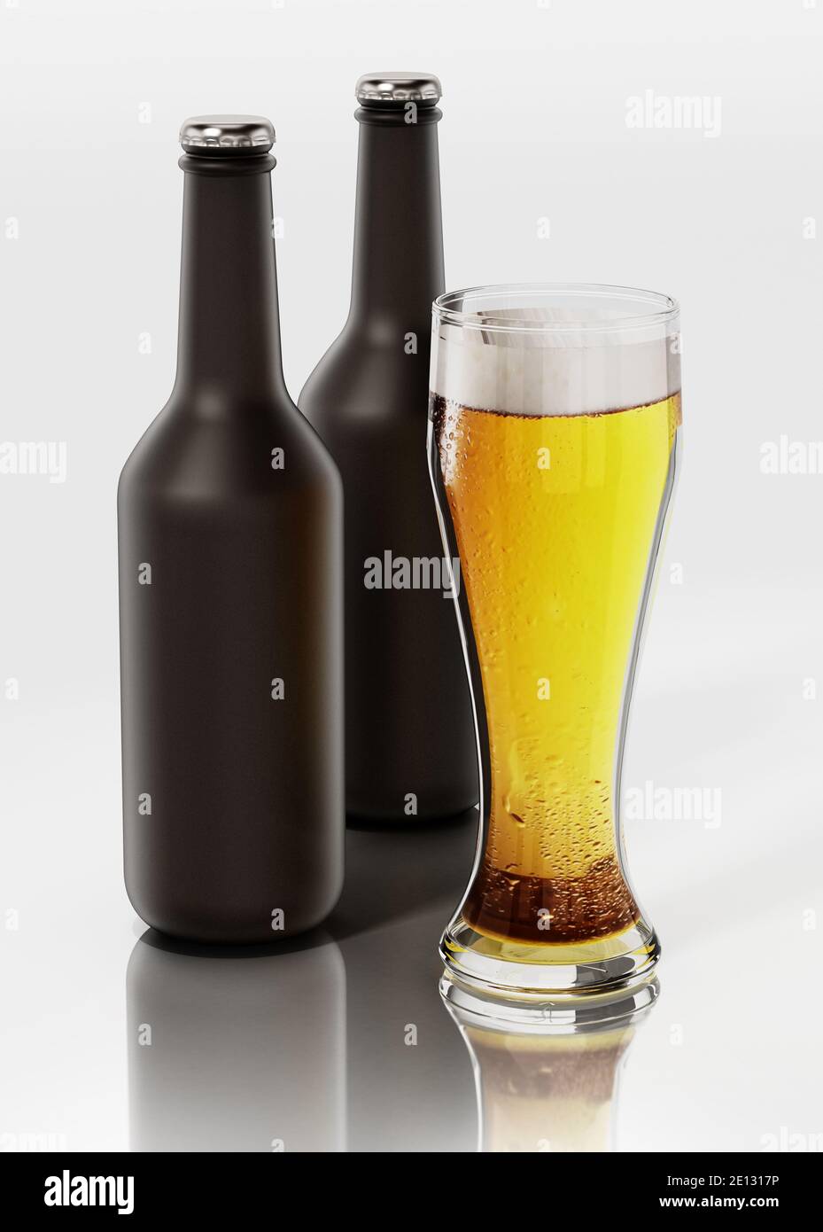 Zwei Bierflaschen und ein Glas Bier isoliert auf weißem Hintergrund. 3D-Illustration. Stockfoto