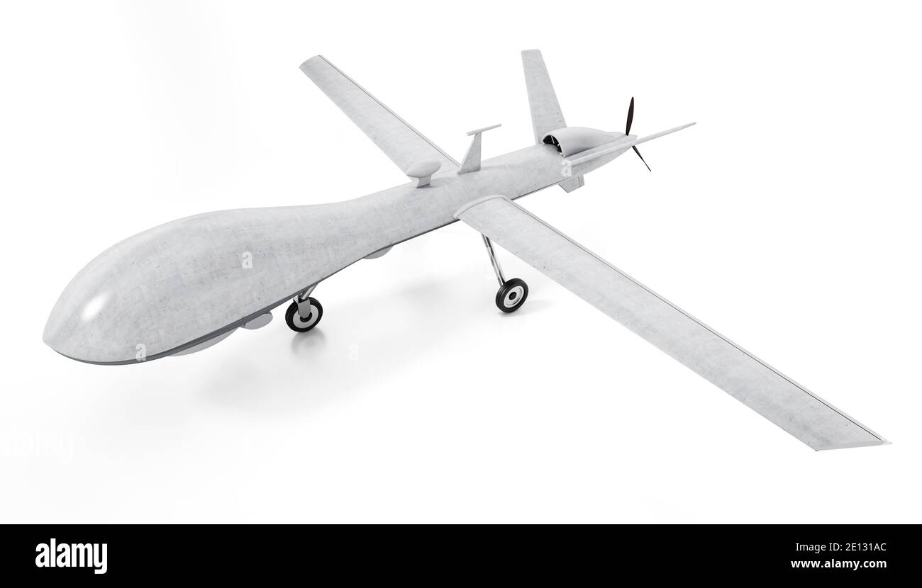 Weiße militärische unbemannte Drohne auf weißem Hintergrund isoliert. 3D-Illustration. Stockfoto