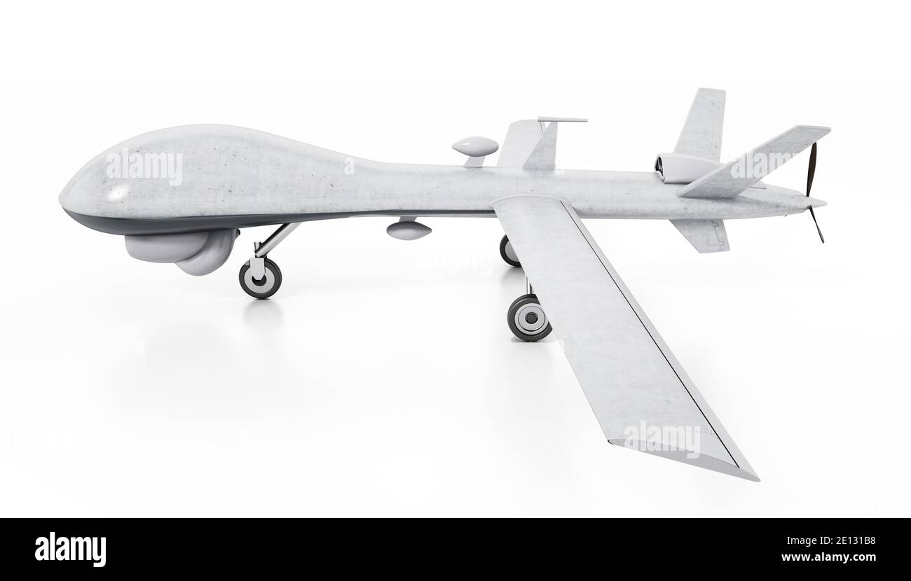 Weiße militärische unbemannte Drohne auf weißem Hintergrund isoliert. 3D-Illustration. Stockfoto