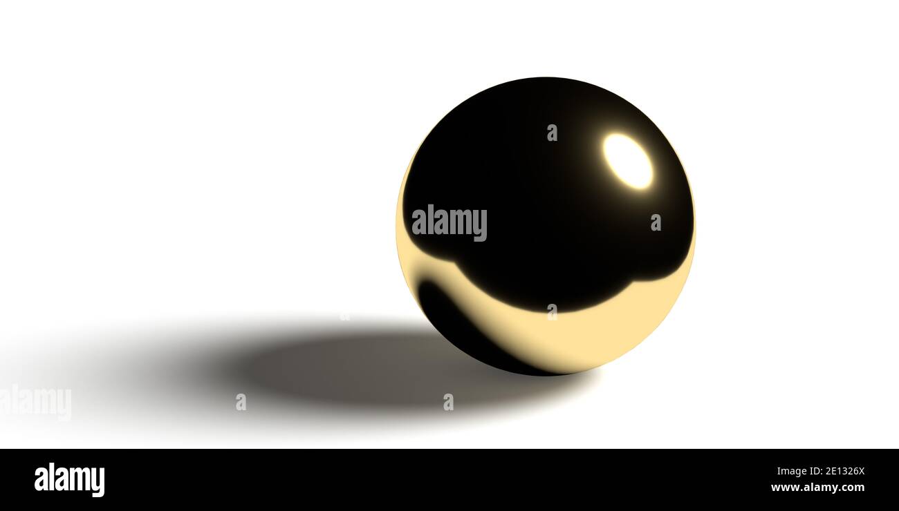 Eine 3D-gerenderte goldene Kugel auf weißem Hintergrund. Die glänzende Kugel reflektiert das Licht und erzeugt Schatten auf der Oberfläche Stockfoto