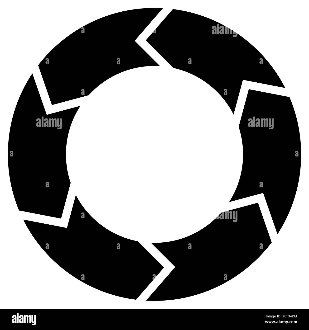 Kreisdiagramm mit Rotation, sechs Stufen. Schwarz auf weißem Hintergrund. Stock Vektor