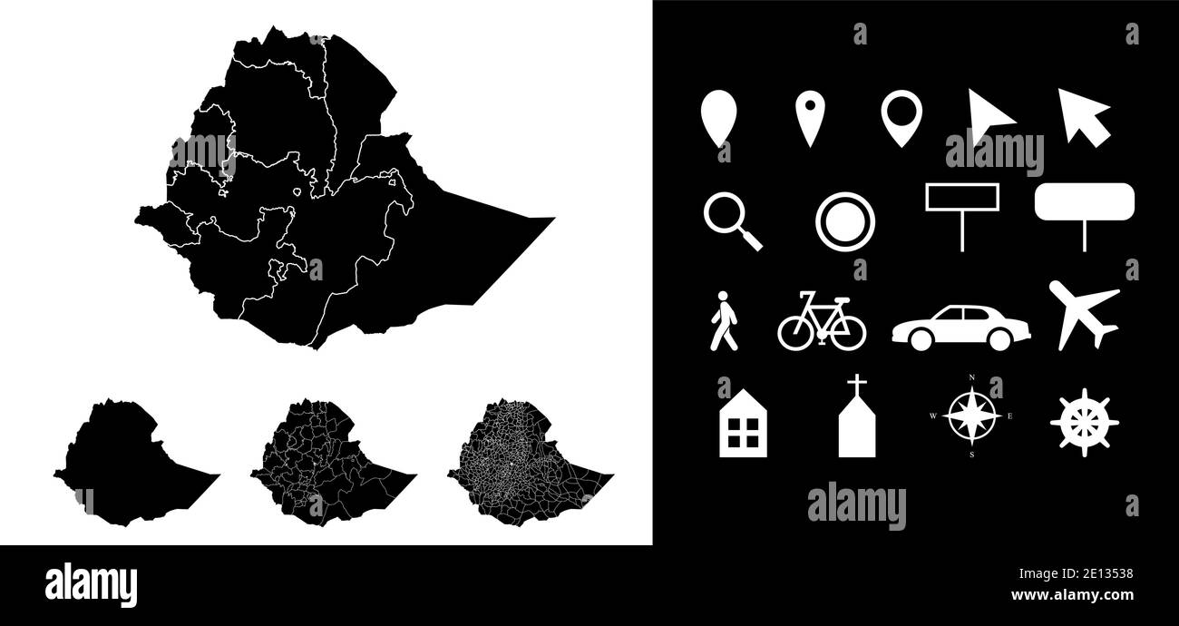 Karte von Äthiopien Verwaltungsregionen Abteilungen mit Symbolen. Karte Position Stift, Pfeil, schauen Glas, Schild, Mann, Fahrrad, Auto, Flugzeug, Haus. Stock Vektor