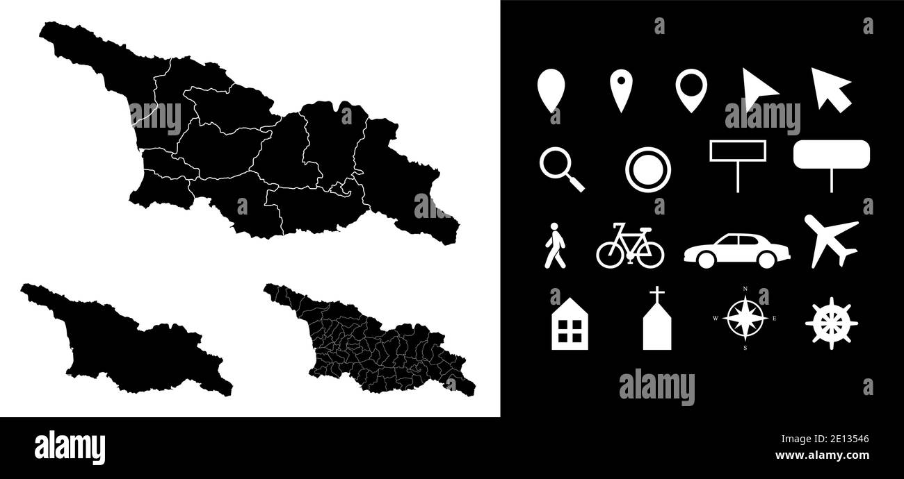 Karte von Georgien Verwaltungsregionen Abteilungen mit Symbolen. Karte Position Stift, Pfeil, schauen Glas, Schild, Mann, Fahrrad, Auto, Flugzeug, Haus. R Stock Vektor