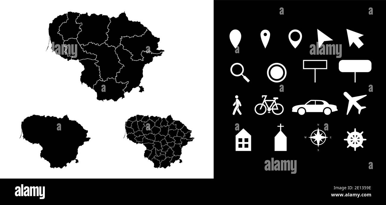 Karte von Litauen Verwaltungsregionen Abteilungen mit Symbolen. Karte Position Stift, Pfeil, schauen Glas, Schild, Mann, Fahrrad, Auto, Flugzeug, Haus. Stock Vektor