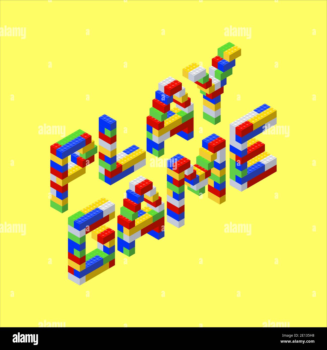 Schrift aus farbigen Kunststoffblöcken. Die Inschrift Spielen Sie das Spiel auf einem gelben Hintergrund. Vektorgrafik Stock Vektor