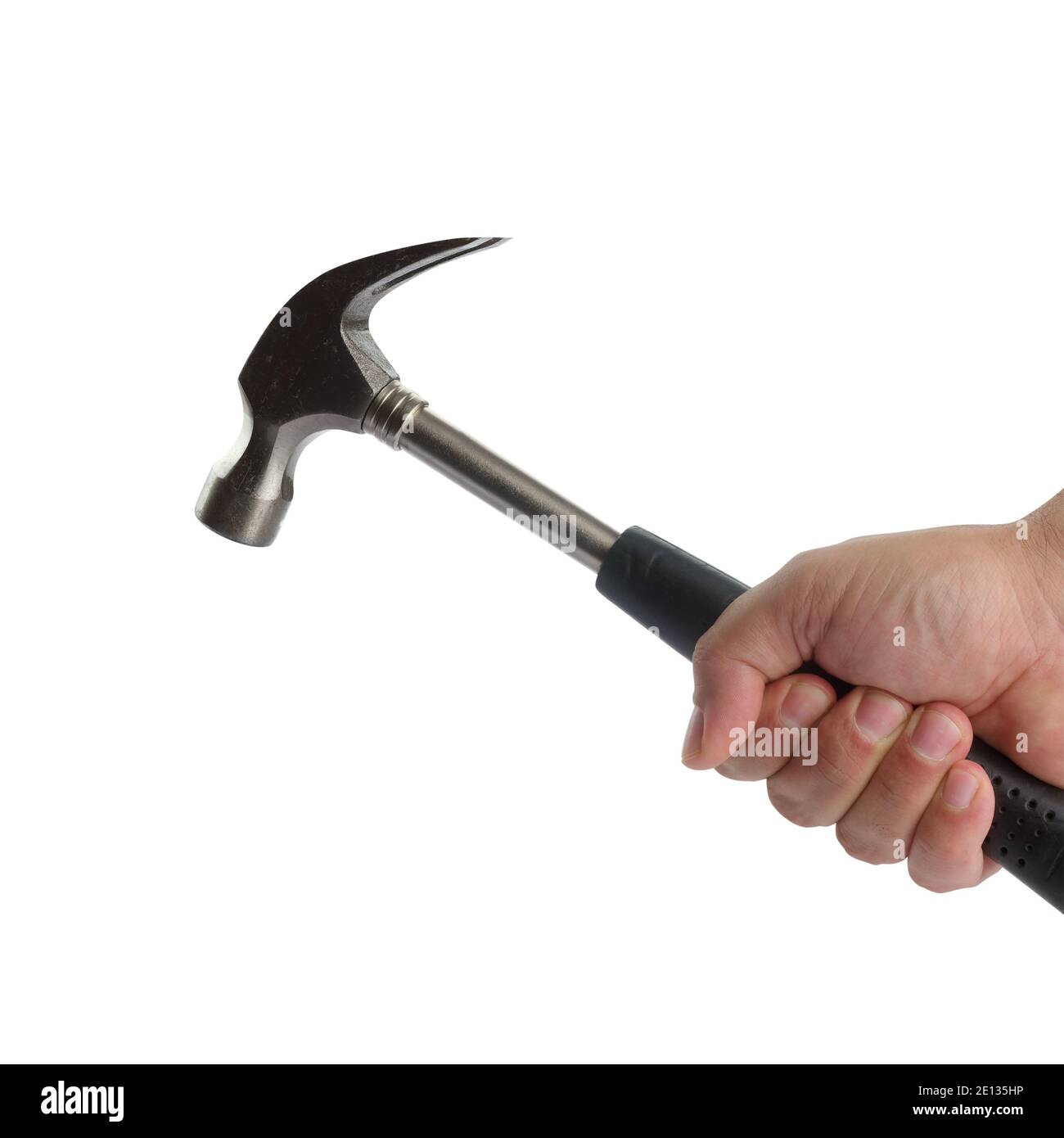 Männliche Hand mit Hammer Arbeitswerkzeug isoliert Stockfoto