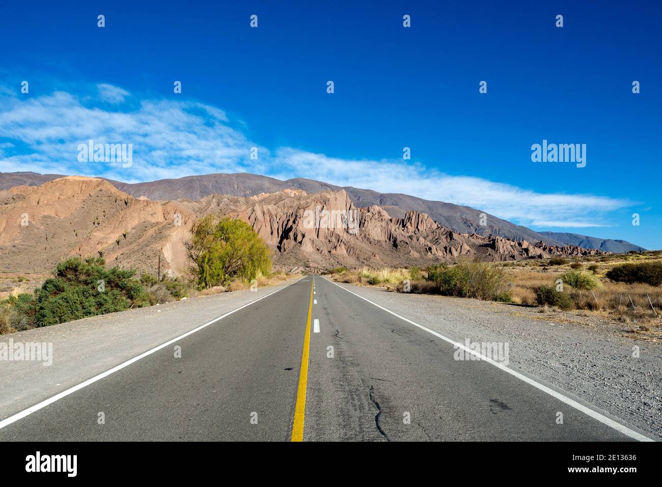 Leere Straße in der Wüste Puna, Argentinien, Provinz Salta, Anden Stockfoto