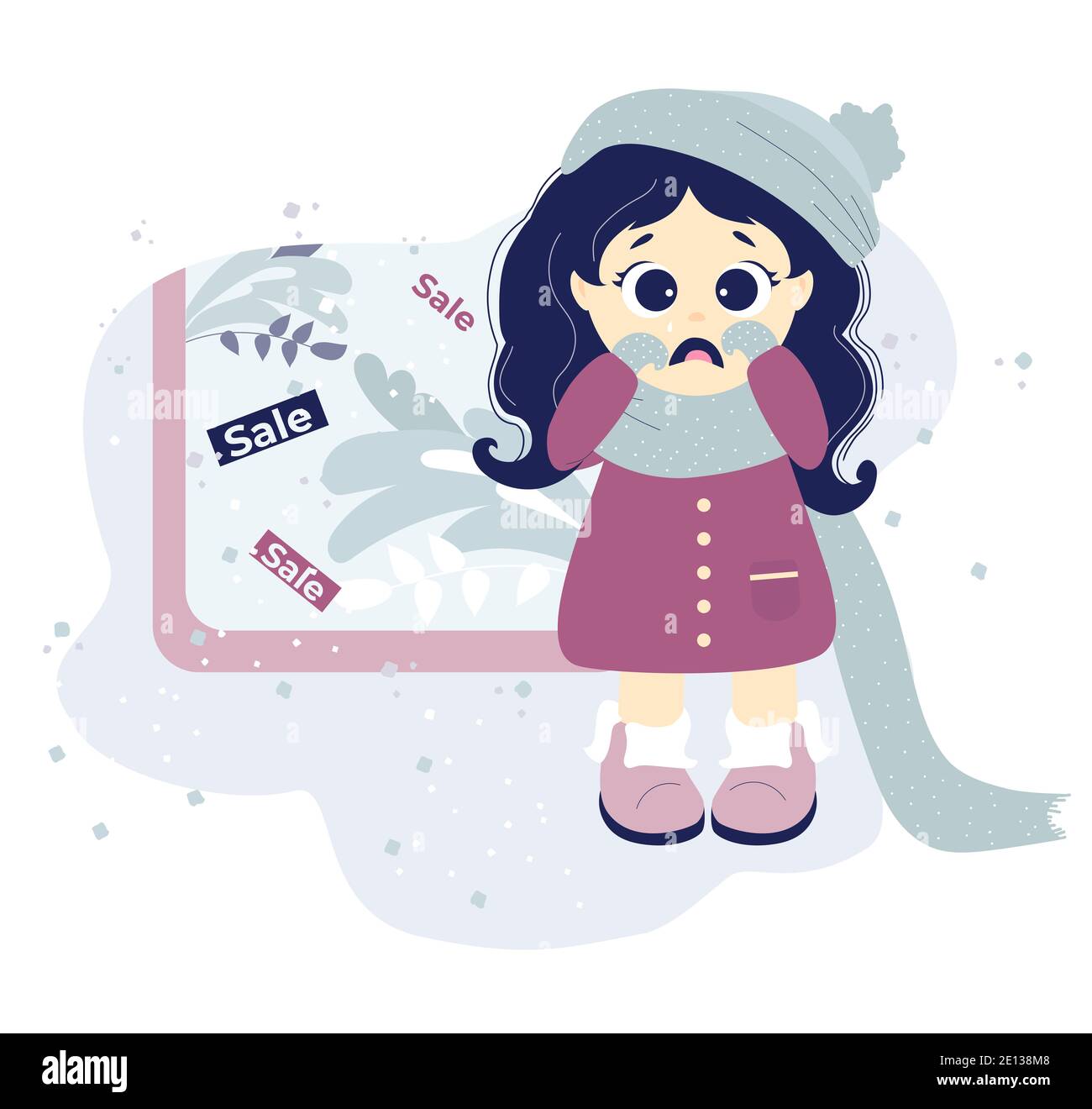 Kein Einkaufen. Verärgert Mädchen in Winterkleidung weint in der Nähe eines Ladenfensters mit einem saisonalen Verkauf. Fotografie, Bild auf blauem Hintergrund mit Blättern A Stockfoto