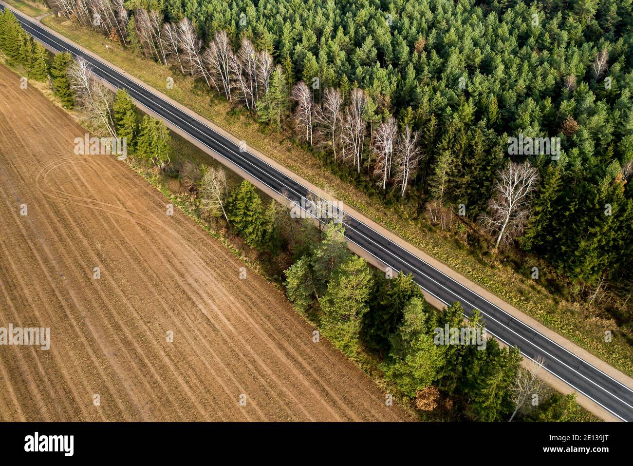 Straße entlang des Waldes und Feld Draufsicht von einer Drohne. Stockfoto