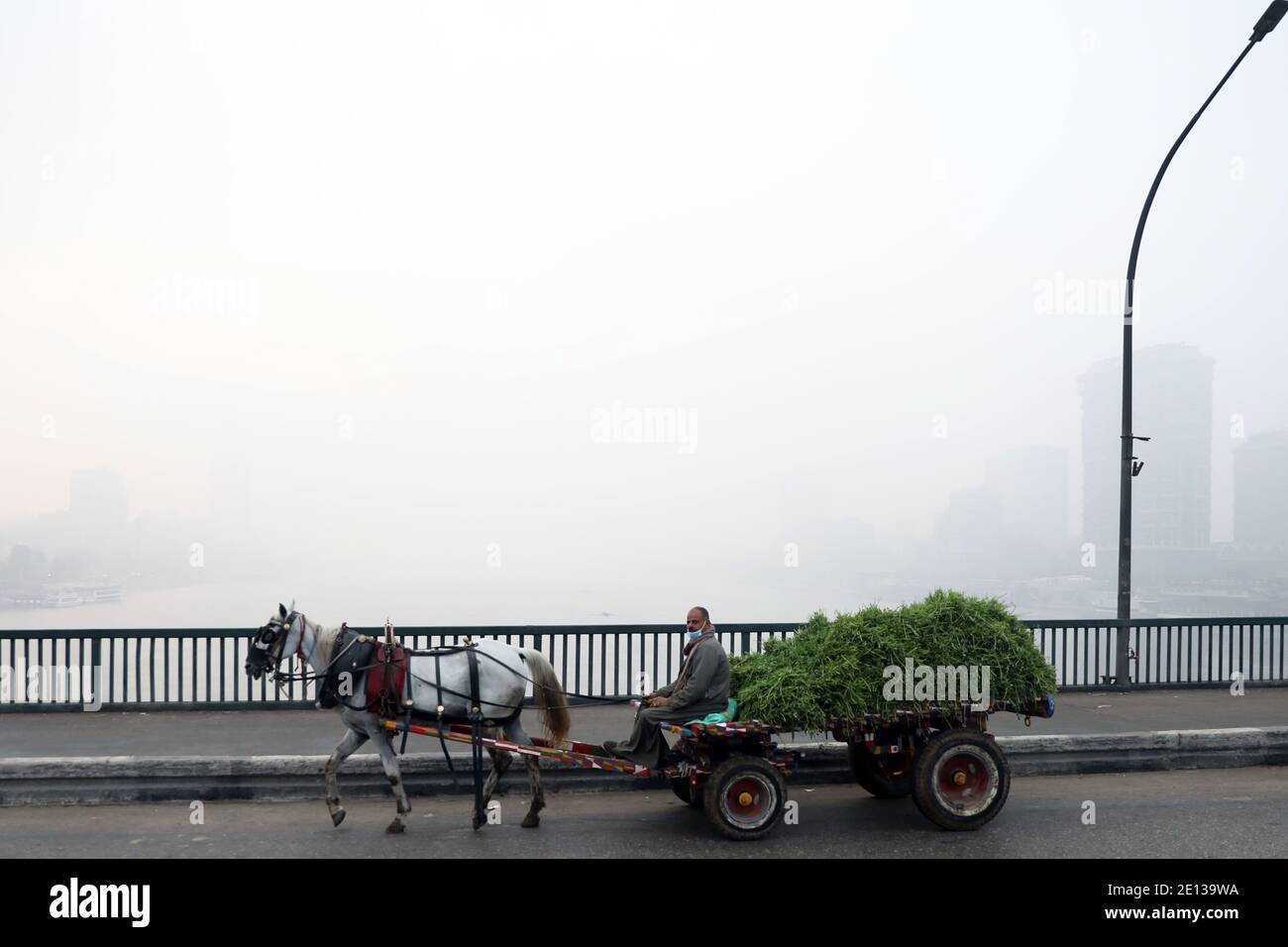Kairo, Ägypten. Januar 2021. Eine Kutsche ist im Nebel in Kairo, Ägypten, 4. Januar 2021 gesehen. Quelle: Ahmed Gomaa/Xinhua/Alamy Live News Stockfoto