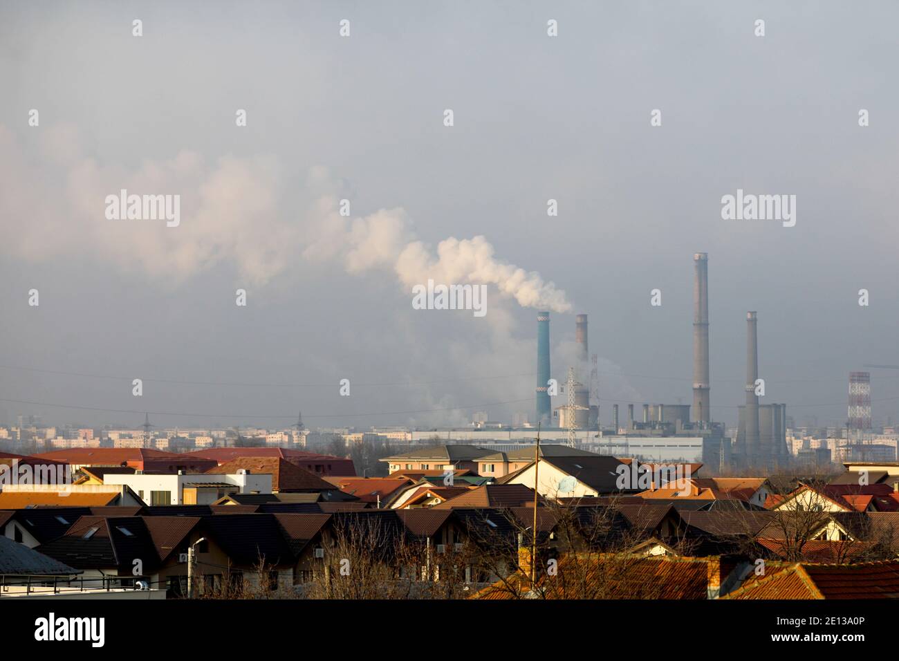 Bucharest, Romania - January 3, 2021: Thermal power station during a cold and sunny winter day in Bucharest. Stockfoto
