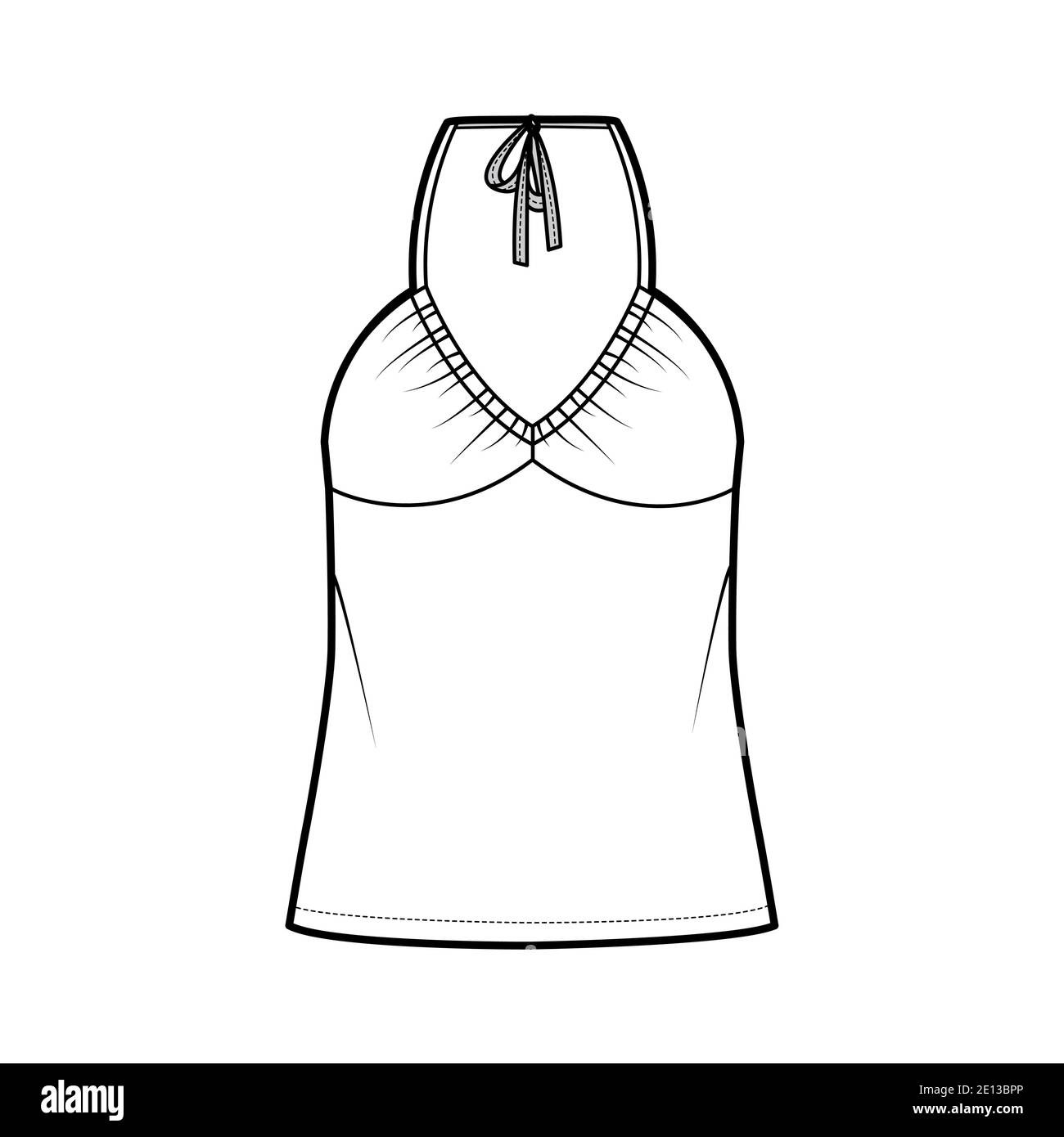 Top V-Ausschnitt Halfter Tank technische Mode-Illustration mit Empire-Naht, dünnen Tunika, überdimensioniert, Schleife, Tunika Länge. Flach nach außen Schablone vorne, weiß. Frauen Männer Unisex CAD mockup Stock Vektor