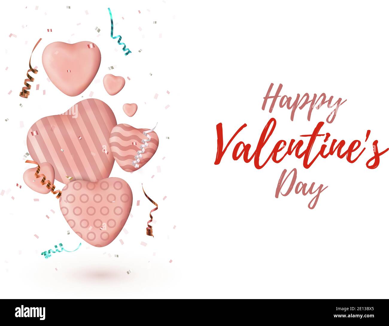 Minimalismus Happy Valentines Day Hintergrund. Rosa Herzen realistische Bonbonherzen mit Bändern und Konfetti. Stock Vektor