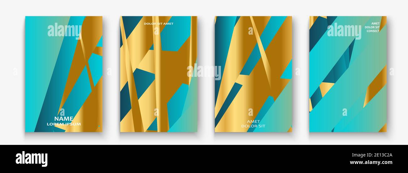 Luxuriöse und reiche Cover-Vektor-Illustration-Set, goldene Folie und goldenen Linien. Blau azurblauen abstrakten Hintergrund Vorlage Einladung. Geometrische Formen tre Stock Vektor