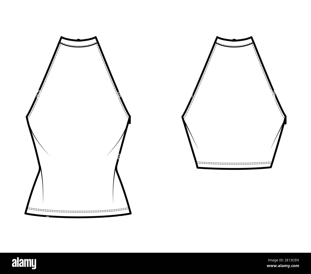 Set von Tops High Neck Halfter Tanks technische Mode Illustration mit Schleife, Slim Fit, Taille, crop Länge. Flach außen Bekleidungsschablone vorne, weiß. Frauen Männer Unisex CAD mockup Stock Vektor