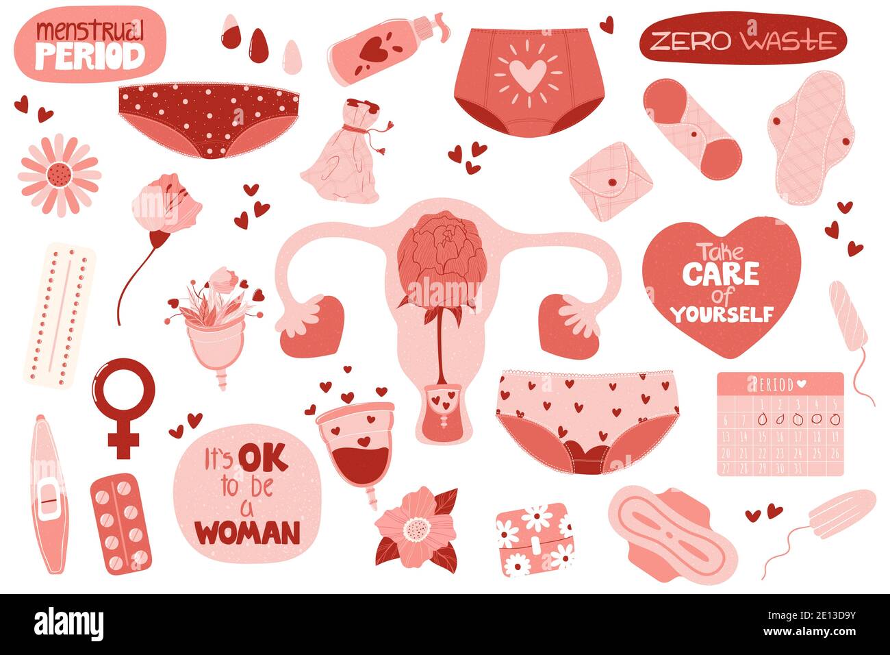 Menstruation eingestellt. Bündel von Menstruation, Periode, weibliche Gebärmutter, Null Abfall weibliche Hygiene-Produkte Aufkleber. Handgezeichnete Vektorgrafik in flacher Form Stock Vektor