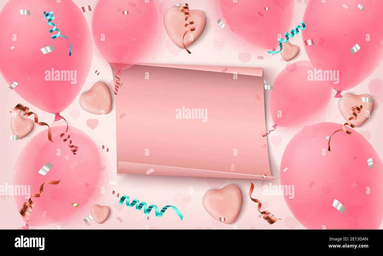 Abstrakt rosa Hintergrund mit Papier-Banner, Süßigkeiten Herzen, Luftballons, konfetti und Bänder. Stock Vektor