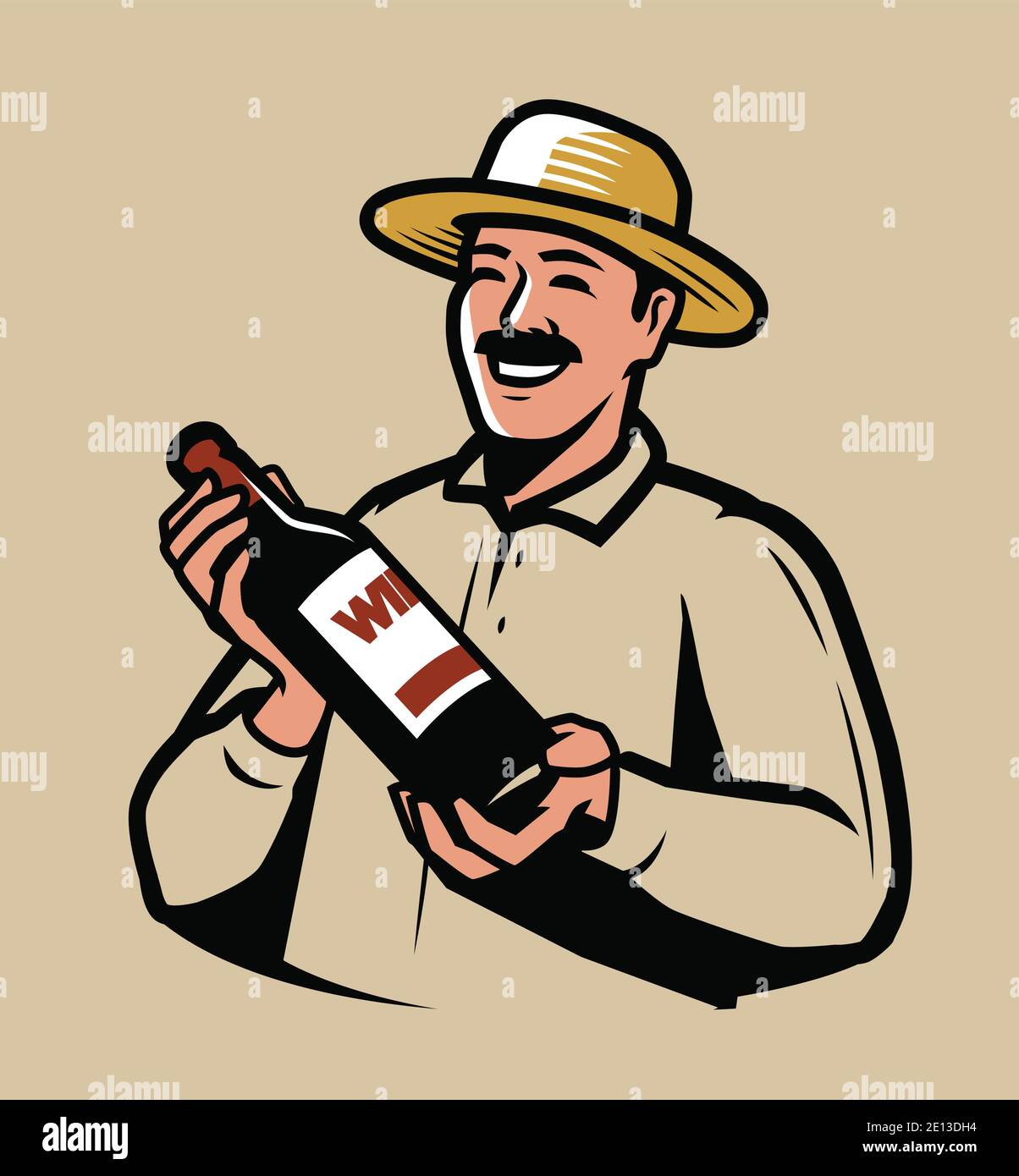 Weinproduktion. Landwirt mit Flasche in den Händen Vektor-Illustration Stock Vektor