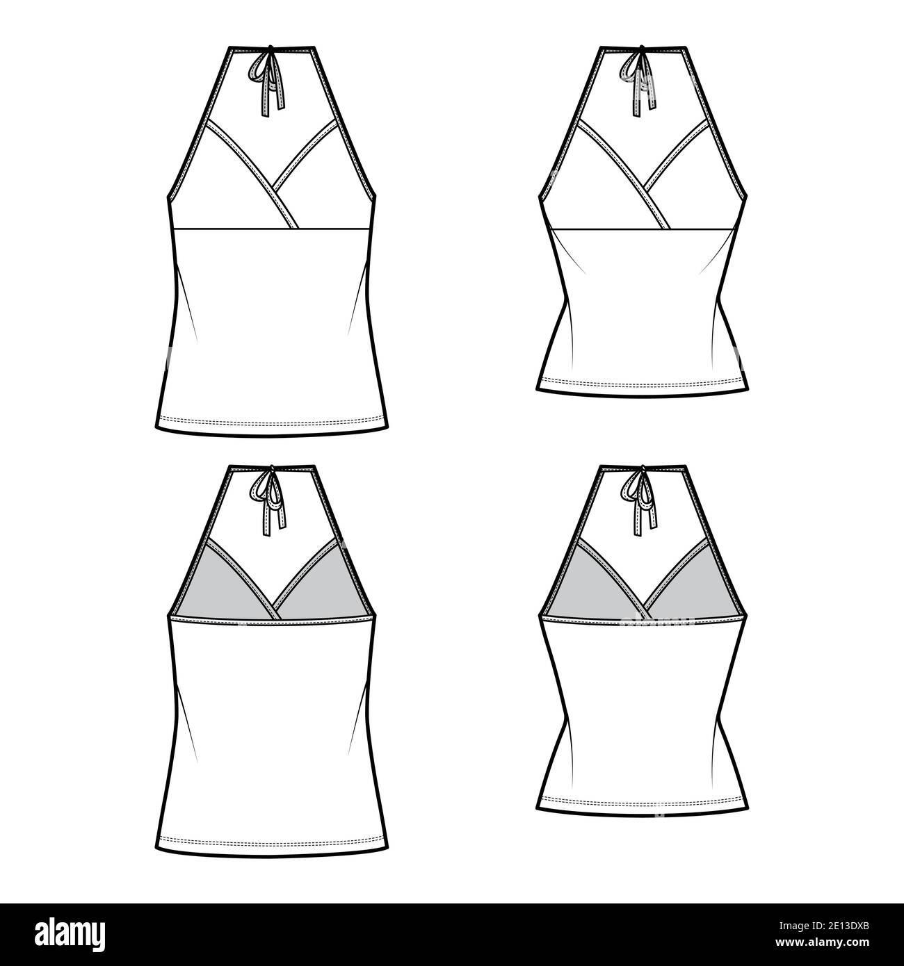 Set von Camisoles Halfter Hals Surplice Tanks technische Mode Illustration mit Empire-Naht, Schleife, schlank, übergroße Passform, Tunika Länge. Flat top Schablone vorne, hinten, weiß. Frauen Männer CAD Mockup Stock Vektor