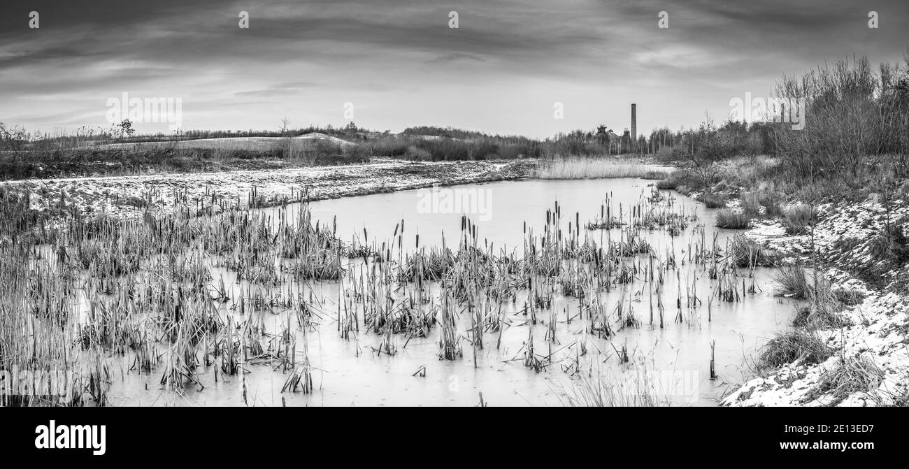 Schnee und gefrorener See auf dem Gelände der redundanten Pleasley-Kolonie. Stockfoto