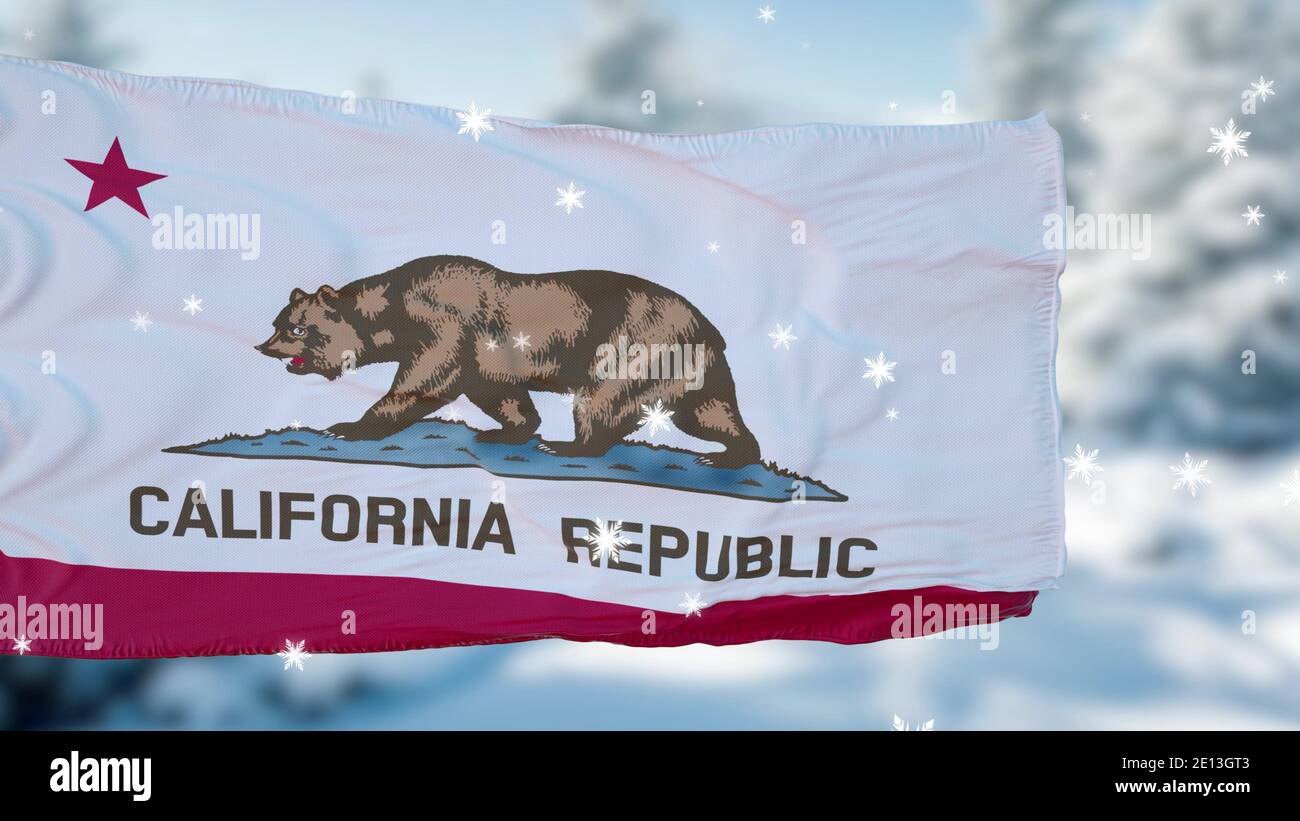 Kalifornien Winter Schneeflocken Flagge Hintergrund. Vereinigte Staaten von Amerika. 3d-Illustration Stockfoto