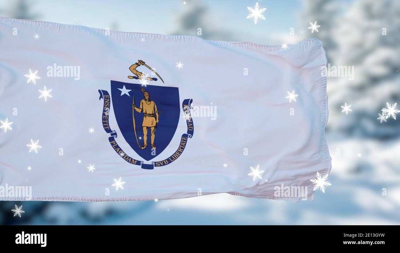Massachusetts Winter Schneeflocken Flagge Hintergrund. Vereinigte Staaten von Amerika. 3d-Illustration Stockfoto