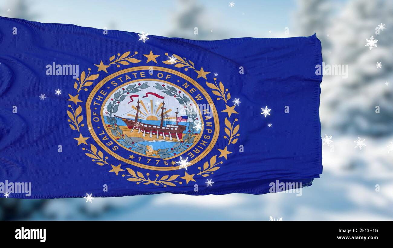 New Hampshire Winter Schneeflocken Flagge Hintergrund. Vereinigte Staaten von Amerika. 3d-Illustration Stockfoto