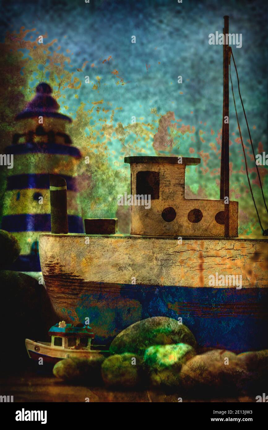 Abstrakt von Booten und einem Leuchtturm Stockfoto