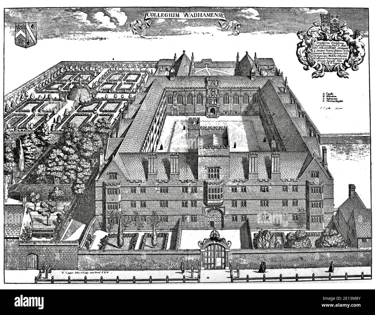 Vintage Print von Wadham College, Oxford von David Loggan. Stockfoto