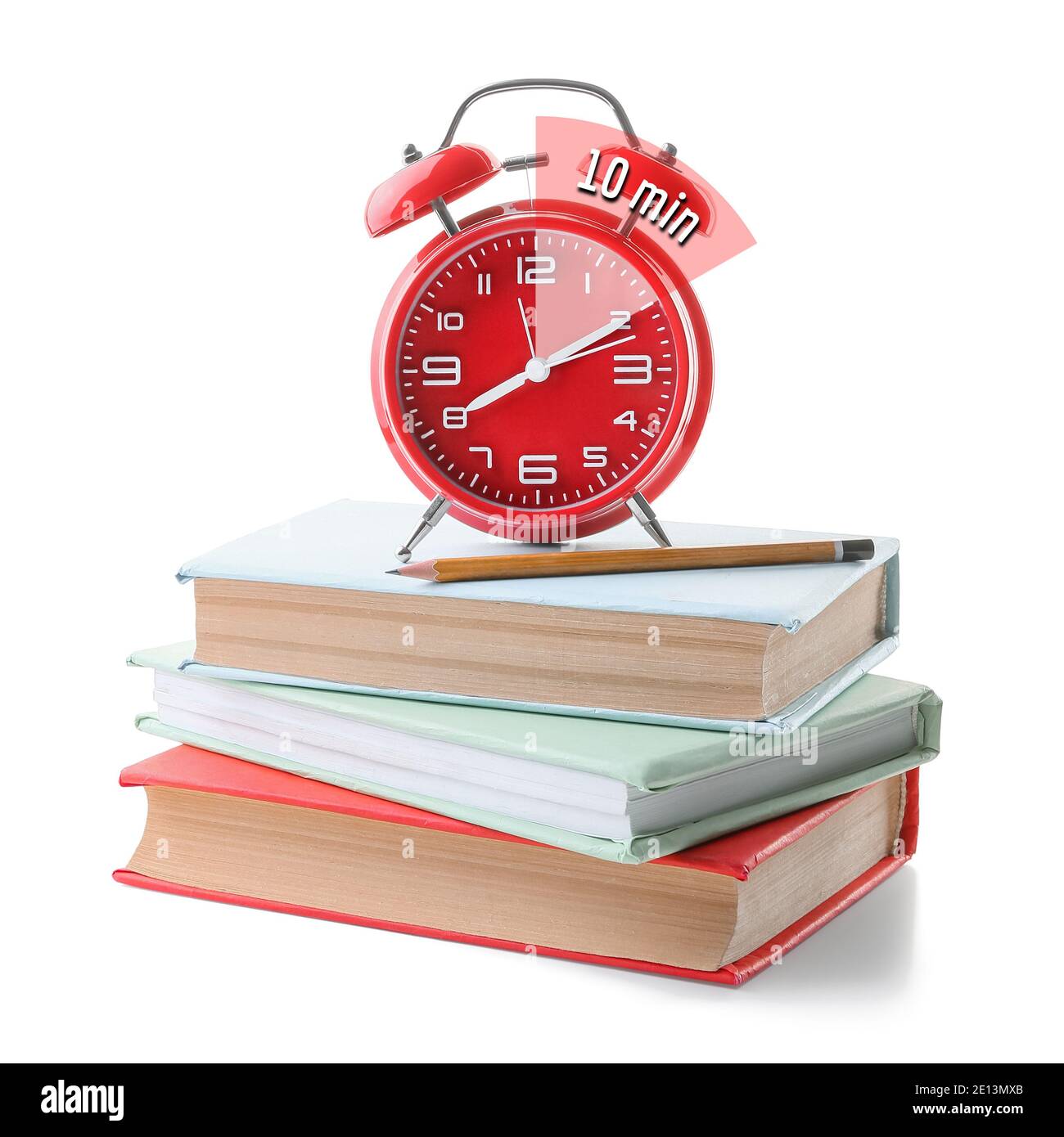 Wecker mit Timer für 10 Minuten und Bücher auf weißem Hintergrund.  Zeitmanagement-Konzept Stockfotografie - Alamy