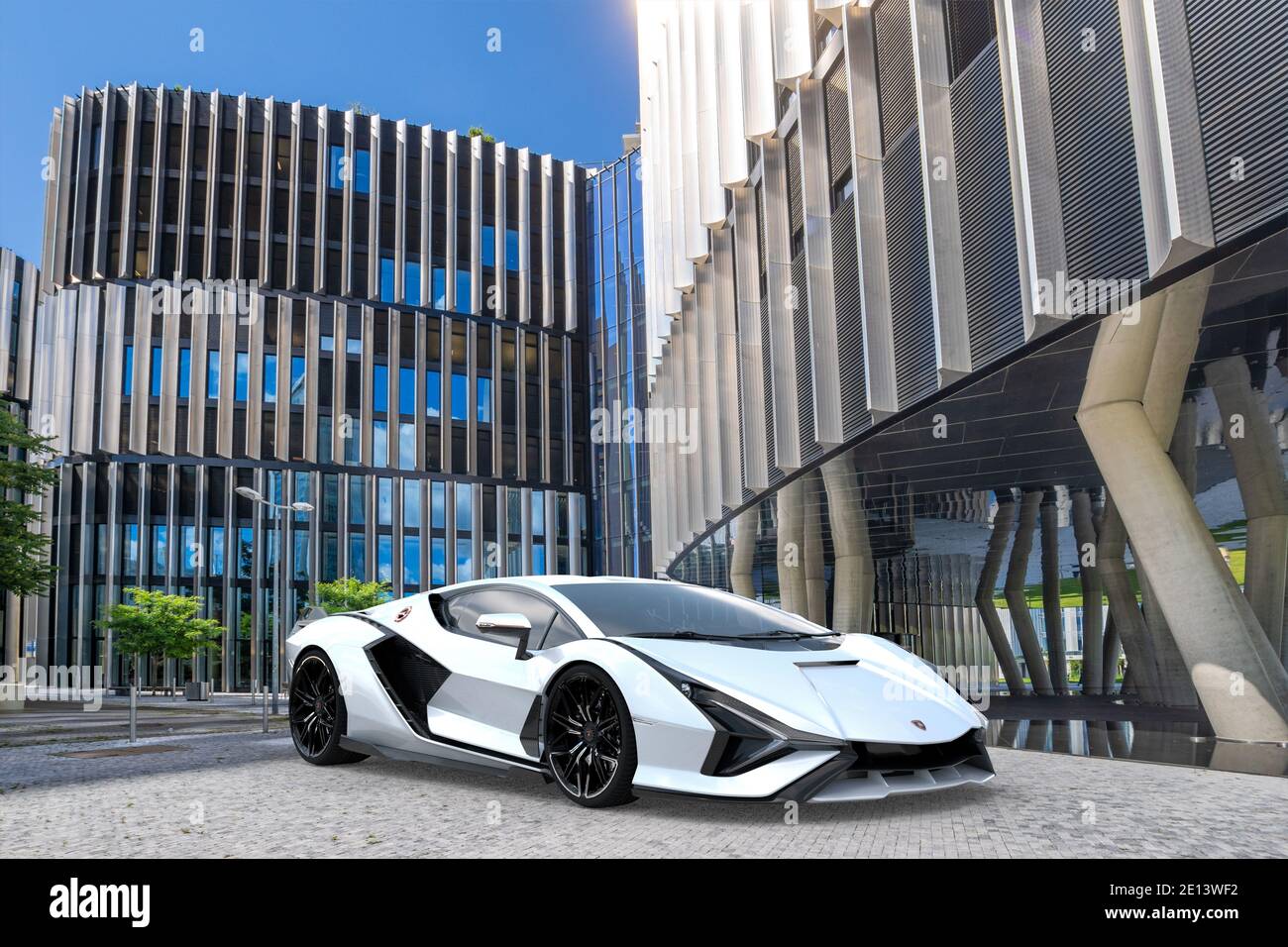 Lamborghini Sian im Hintergrund eines modernen Gebäudes Stockfoto