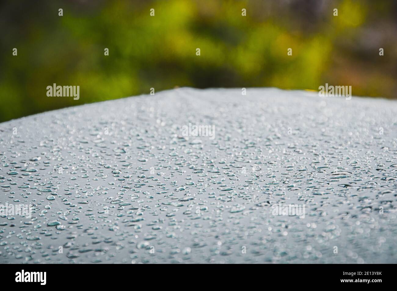 Tau tropft auf grünes Touristenzelt. Wasserdichtes Gewebe regen, Test von schlechtem Wetter Stockfoto