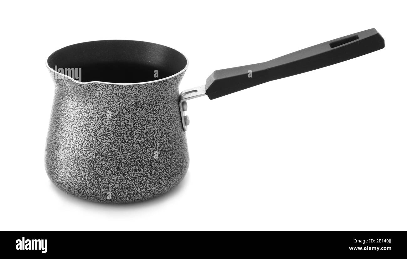 Cezve mit Kaffee auf weißem Hintergrund Stockfoto