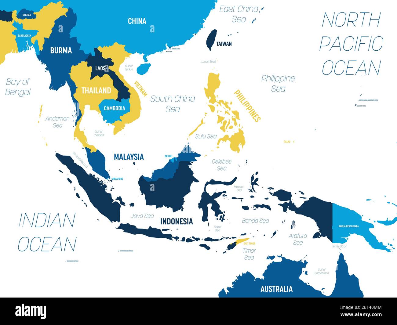 Südostasien Karte - braun orange Farbton auf dunklem Hintergrund. Hoch detaillierte politische Karte der südöstlichen Region mit Land-, Meer- und Meeresnamen Kennzeichnung. Stock Vektor