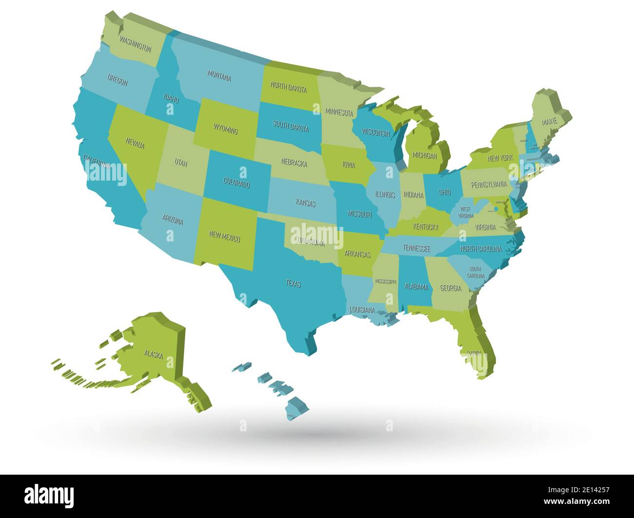 Karte der Vereinigten Staaten von Amerika, USA, mit staatlichen Abkürzungen. 3D-Vektorkarte mit abfallender Schattierung Stock Vektor