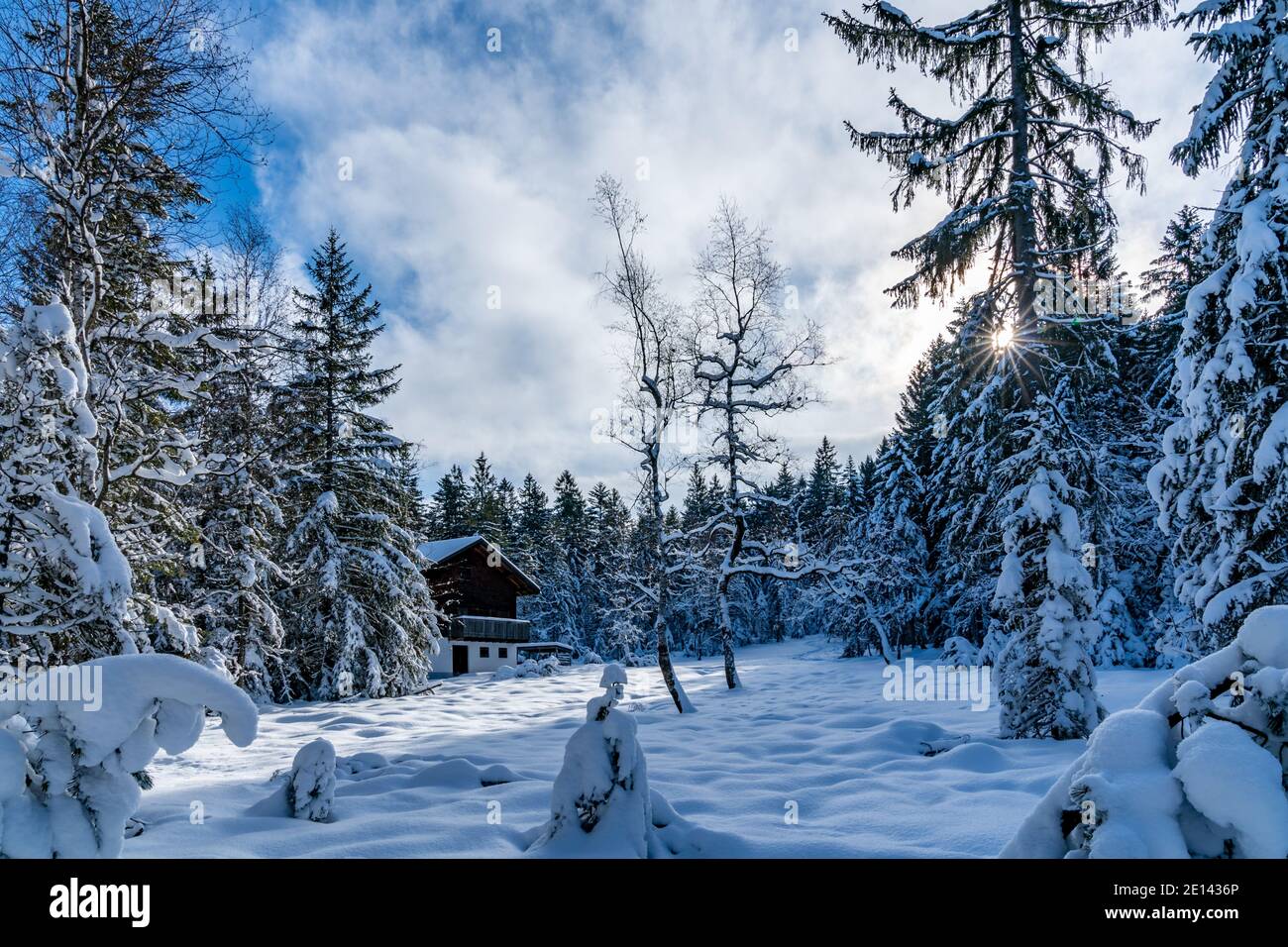 Frisch verschneite Landschaft mit Haus am Waldrand. Verschneite Landschaft mit einem Ferienhaus am Waldrand, ein sonniger Tag. Winterwunderland Österreich Stockfoto