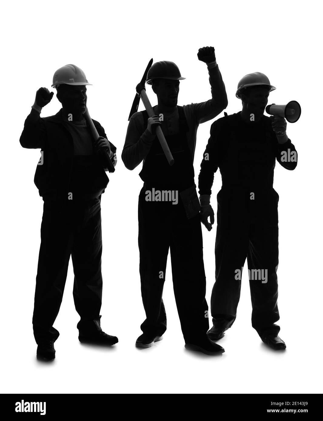 Silhouette der protestierenden Bergmann Männer auf weißem Hintergrund Stockfoto