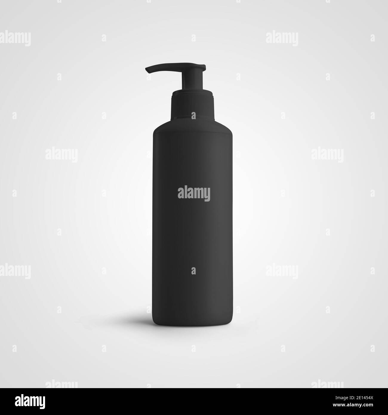 Schwarze Kunststoff-Glas Mockup isoliert auf weißem Hintergrund, matte Flasche mit Trigger.Verpackungsvorlage mit Spender für antiseptische, zur Präsentation von Stockfoto