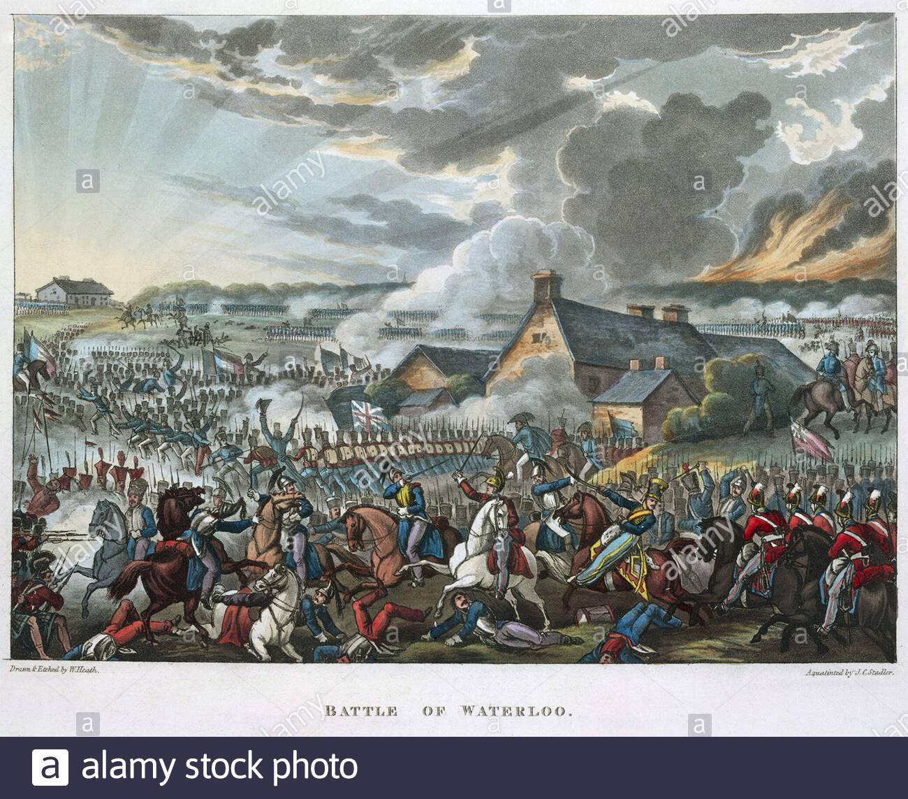 Duke of Wellington and the Battle of Waterloo, 18. Juni 1815, Vintage-Farbillustration veröffentlicht im Jahr 1819. Stockfoto