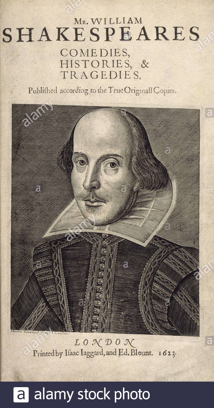 Erstes Folio. Mr. William Shakespeares, Komödien, Geschichten und Tragödien, von William Shakespeare, Vintage Illustration veröffentlicht im Jahr 1623. Stockfoto
