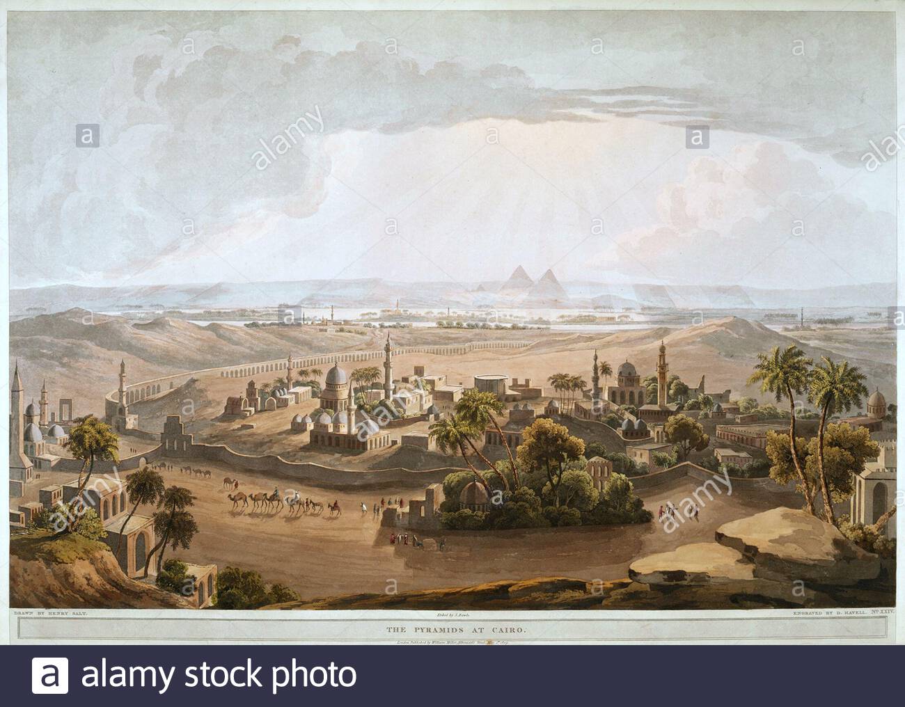 Die Pyramiden in Kairo, Vintage-Farbillustration im Jahr 1809 veröffentlicht. Stockfoto