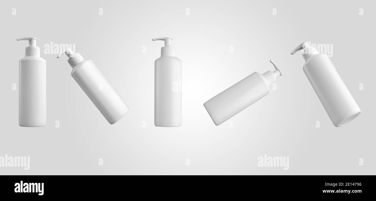 Weißes Glas Mockup mit Trigger, leerer Behälter für Design-Präsentation, Produktwerbung. Schablone einer hohen Plastikflasche mit einem Spender für ein Stockfoto