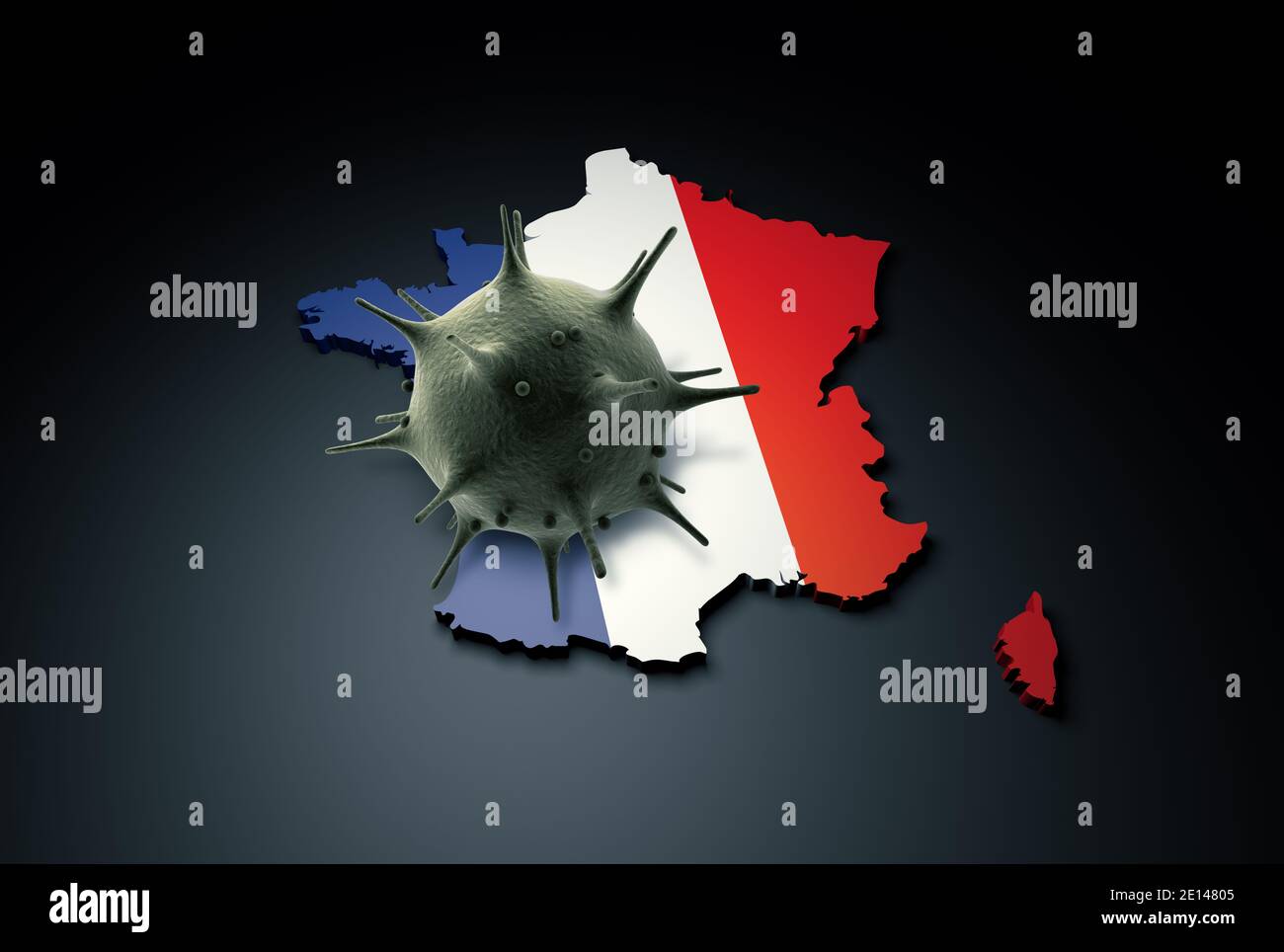 Pandemisches COVID-19 3d-Renderkonzept: Coronavirus-Zelle auf Frankreich bedeckt mit Frankreich-Flagge. Konzeptionelles 3d-Rendering von Coronavirus. Stockfoto
