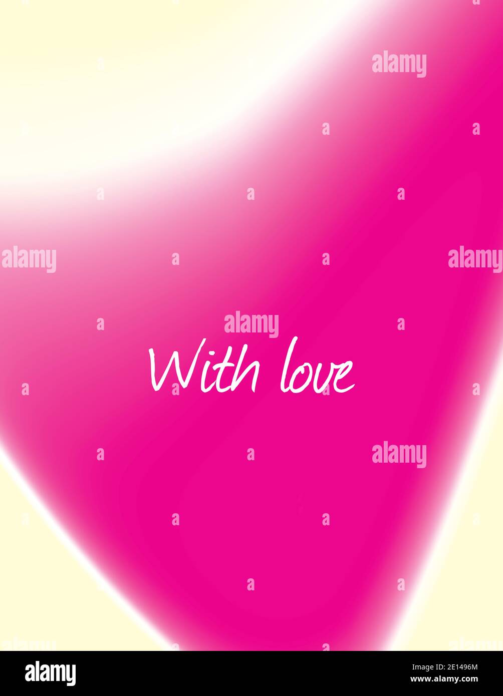 Verschwommene rosa Form des abstrakten Herzens und mit Love Inschrift auf hellgelbem Hintergrund. Einfaches vertikales Vektorgrafikmuster. CMYK-Farben Stock Vektor