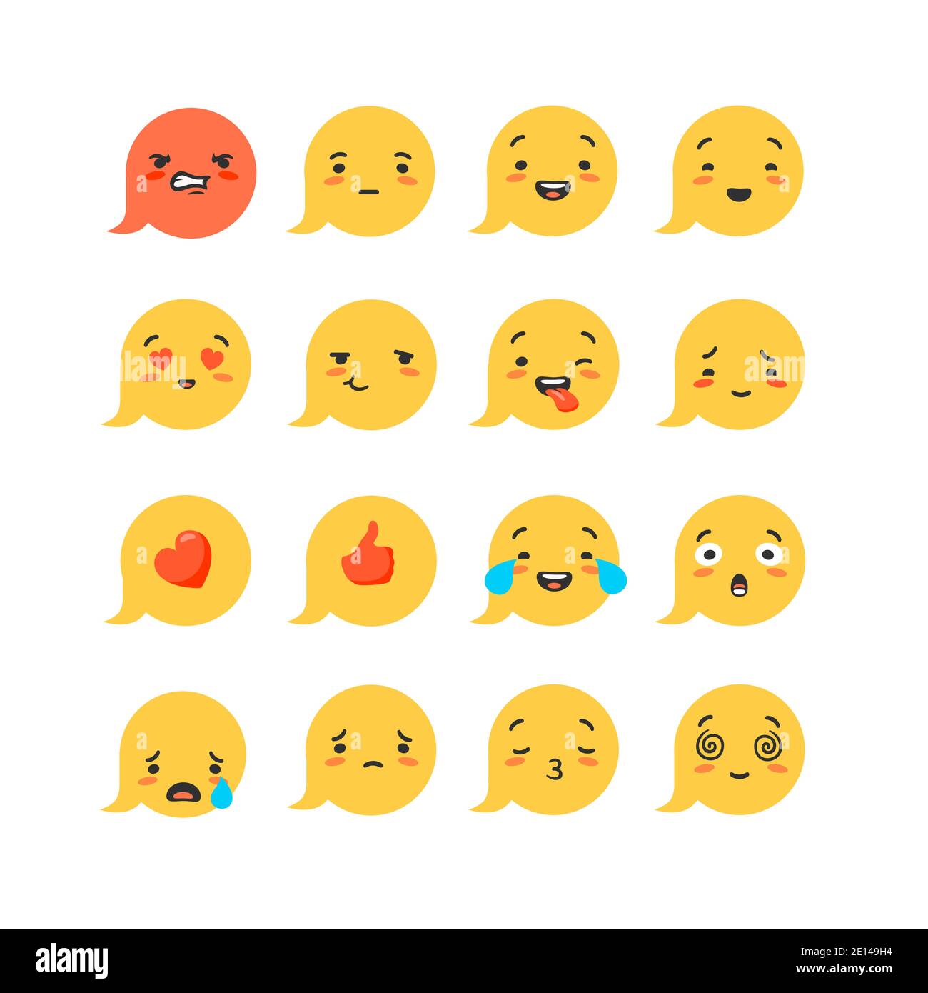 Emoticon Zeichentrickset. Emotionen Zeichen rot Böse mit Herz freudig und traurig Gesichter Ausdruck des Erfolgs. Stock Vektor